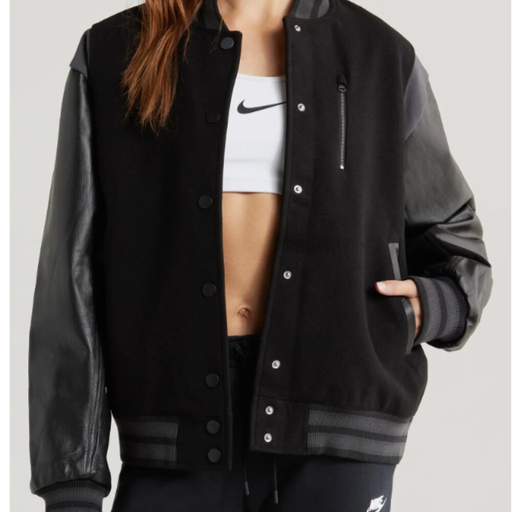 NWT Nike Sportswear Destroyer Leather & Wool Blend Varsity Bomber Jacket